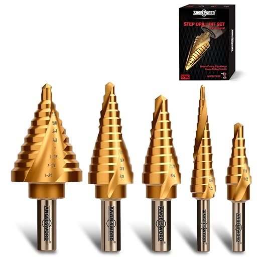 ANGELSWORD Step Drill Bits, 50 Sizes, 5PCS HSS Spiral Grooved Titanium Coated Step Drill Bit Set for Plastic, Aluminum, Copper, Sheet Metal, with Aluminum Case