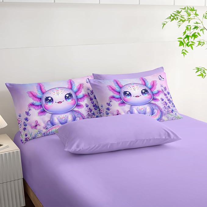 Axolotl Bedding 7 Piece Comforter Set Twin Size,Marine Life Themed Bed Set for Toddlers Girls Room Decor,Cute Kids Bedding with 1 Comforter,1 Flat Sheet,1 Fitted Sheet,4 Pillowcases.