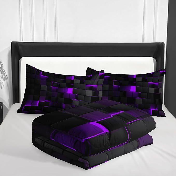 Geometric Violet Black Comforter Set,Light Honeycomb 3 Piece Bedding Set Queen Size for Teen Boys,Modern Bedding Quilt Set Geometry Decor,Microfiber Lightweight 1 Comforter 2 Pillowcases All Season