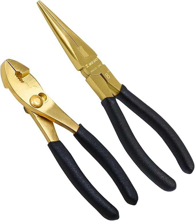 WEDO 2PCS Brass Pliers Set - 6" Slip Joint Pliers, 8" Long Nose Pliers with Non-Slip Handle,For Gripping, Loosening Nuts and Bolts, Cutting Steel Wire,Die-Forged,Corrosion Resistant