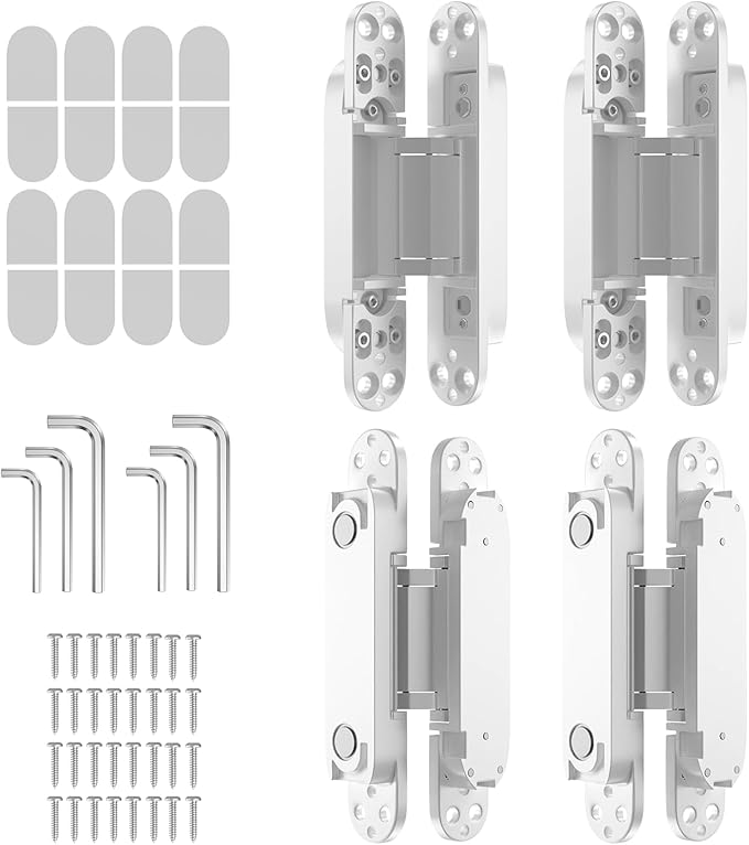 4-Pack 7 inch Hidden Hinges for Doors Invisible Hinges Concealed Zinc Alloy 180 Degree Swing 3 Way Adjustable Butt Silent Door Hinge 7 x 2.8 x 1 inch (White)