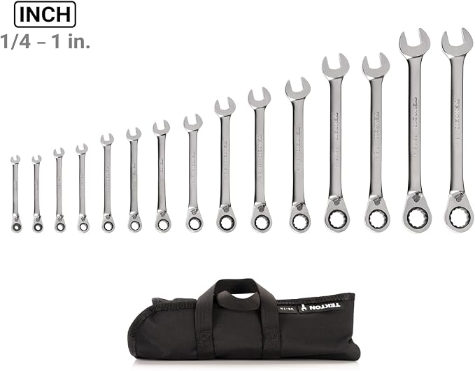 TEKTON Reversible Ratcheting Combination Wrench Set, 15-Piece | WRC94401 | (1/4 - 1 in.), 12-Point, Satin Chrome Finish, Roll