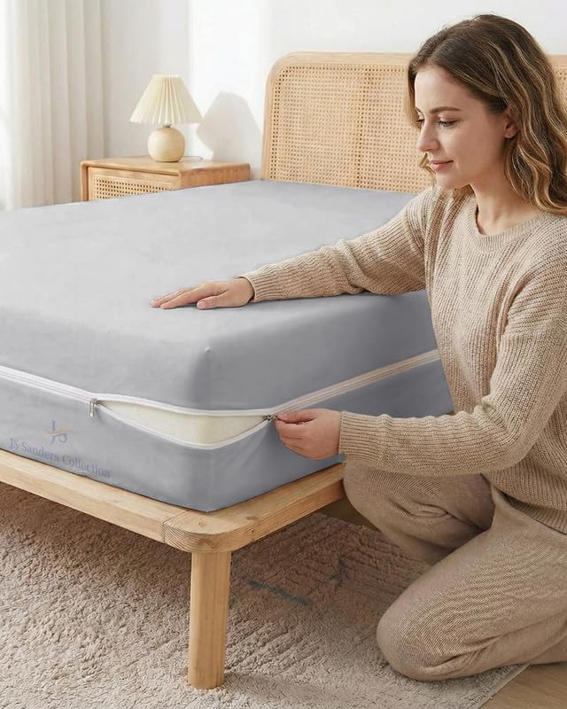 JS Sanders Zippered Mattress Protector King Size – Soft 100% Egyptian Cotton, 600 Thread Count Deep Pocket Fitted Sheet Encasement Cover for Bed Breathable, 12-16 Inch Fit, Silver Grey 78x80
