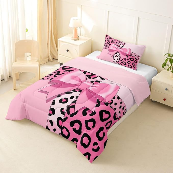 Feelyou Pink Leopard Print Comforter Set All Season Cheetah Bow Bedding Set with 1 Pillow Cases Animal Fur Microfiber Kids Twin Bedclothes Bedroom Decor Duvet Quilt Breathable Soft Lightweight