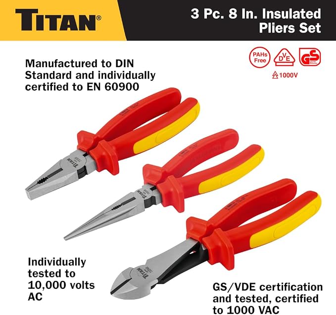 Titan 73349 3-Piece VDE Insulated Pliers Set, Includes 8-Inch Combination, Long Nose, and Diagonal Plier