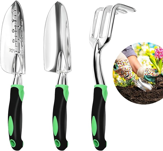 Garden Tool Set, 3 Pack Aluminum Heavy Duty Gardening Kit Includes Hand Trowel, Transplant Trowel and Cultivator Hand Rake with Soft Rubberized Non-Slip Ergonomic Handle, Garden Gifts