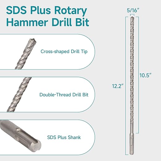 5/16 Inch x 12.2 Inch SDS Plus Rotary Hammer Drill Bit, Cross Tip Double Threaded Carbide Tipped for Concrete, Brick, and Stone (5/16" x 10.5" x 12.2")