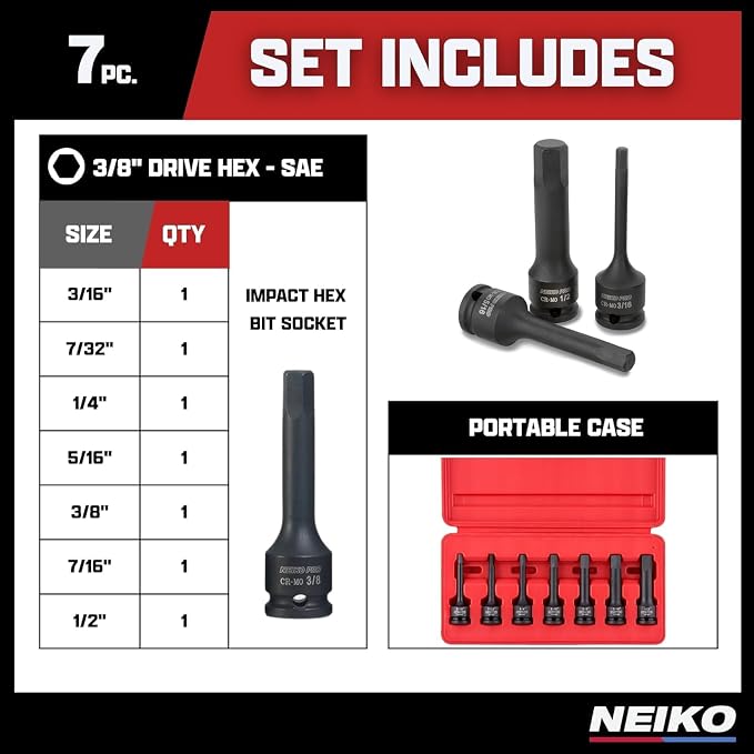 NEIKO 01131B 3/8-Inch-Drive Allen Socket Set, 3-Inch Length, 3/8-Inch Impact Hex-Bit Socket Set, SAE Hex Driver 3/16" to 1/2", CrMo Steel, Impact-Grade, 7-Piece Set