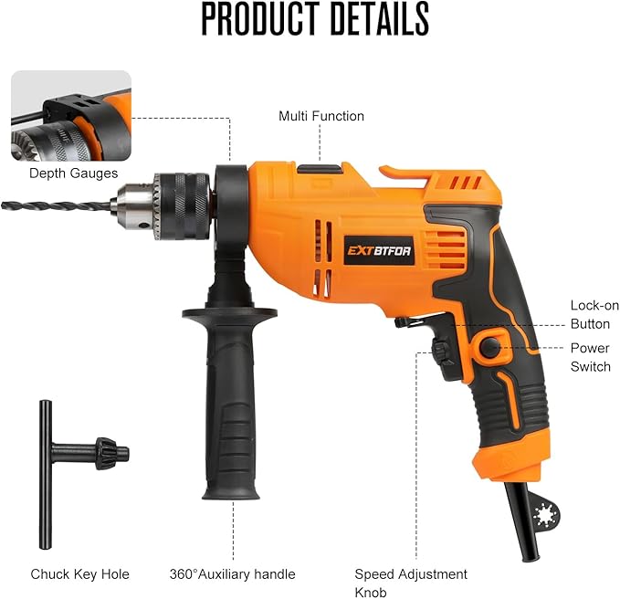 Hammer Drill，5.8Amp Corded Hammer Drill,1/2" Variable Speed Drill with 9 Pcs Drill Bit Set,Multi-angle Aauxiliary Handle for Wood, Concrete, and Plastic