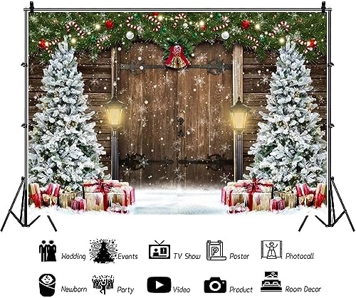 Christmas Backdrop 8x6ft Wooden Barn Door Rustic Christmas Background for Photography Xmas New Year Eve Party Decorations Banner Studio Photoshoot Props