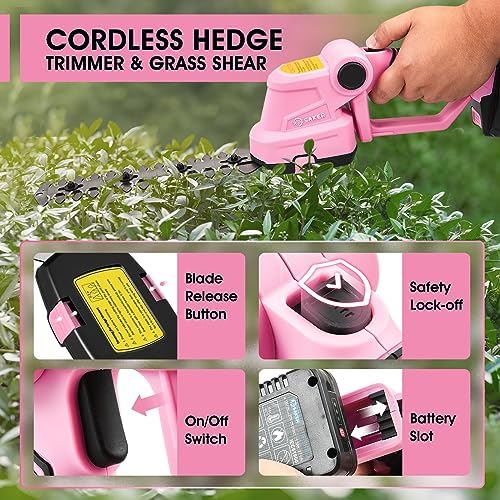 Saker Cordless Hedge Trimmer-20V Electric Shrub Trimmer Grass Shears Handheld Grass Cutter, Hedge Shear with 2 PCS Rechargeable Battery and Charger for Garden, Lawn(Pink)