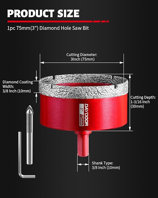 DAYDOOR 3" Diamond Hole Saw Bit with Pilot Drill Bit -1pc 75mm Diamond Tile Hole Saw with Guiding Bit for Porcelain Tile Ceramic Pottery Granite Stone Glass Bottles(3/8" Triangle Shank)
