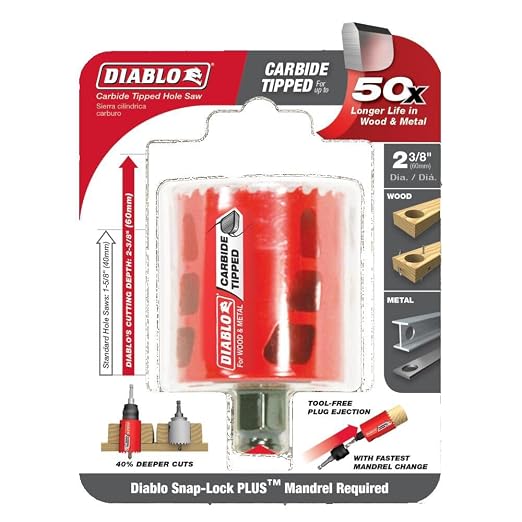 Diablo Carbide Teeth Hole Saw for Wood and Metal - Fits with Snap-Lock Plus Mandrel System, Tool-Free Plug Ejection - 2-3/8" Diameter, 2-3/8" Length - DHS2375CT