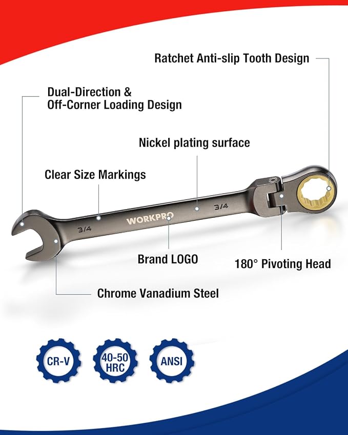 WORKPRO 8-piece Ratcheting Combination Wrench Set, SAE & Nickel Plating | SAE 5/16-3/4 in, 180° Flex-Head, 72-Teeth Cr-V Steel, Combination Wrench Set with Organizer Bag for Auto Repair & Home DIY