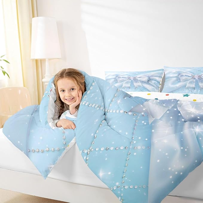 Feelyou Blue Bow Bedding Set Soft for Boys Girls, Glitter Bowknot Comforter Set Queen Size Princess Duvet Quilt Microfiber Bedroom Decor 3 Pcs with 2 Pillow Cases