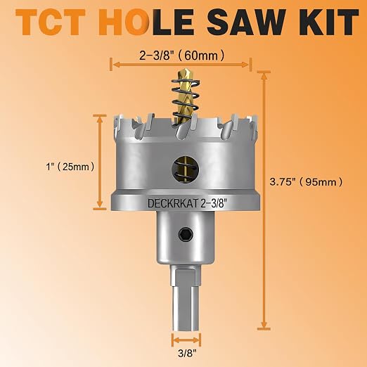 DECKRKAT 2-3/8" TCT Hole Saws for Hard Metal, Heavy Duty 60mm Tungsten Carbide Tipped Hole Cutters Set with Spring-Loaded Pilot Drill Bits for Stainless Steel, Metal, Iron, and Plastic.