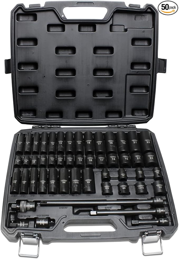TIGHTSPOT 3/8" Drive 50pc Impact Socket PRO SET, our Most Popular Set Ever with SAE & Metric from 5/16 Inch - 3/4 Inch, 8mm-19mm + 21mm + 22mm, Standard/Deep Sockets, Extension Bars, Adapters & More