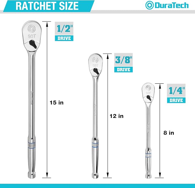 DURATECH 3-Piece Extra Long Drive Ratchet Handle, 90-Tooth Ratchet Wrench | 1/4", 3/8", 1/2" Socket Wrench with Dust Proof Teardrop Enclosed Head, Reversible, CR-V Steel Made, CR-MO Head, Full Polished