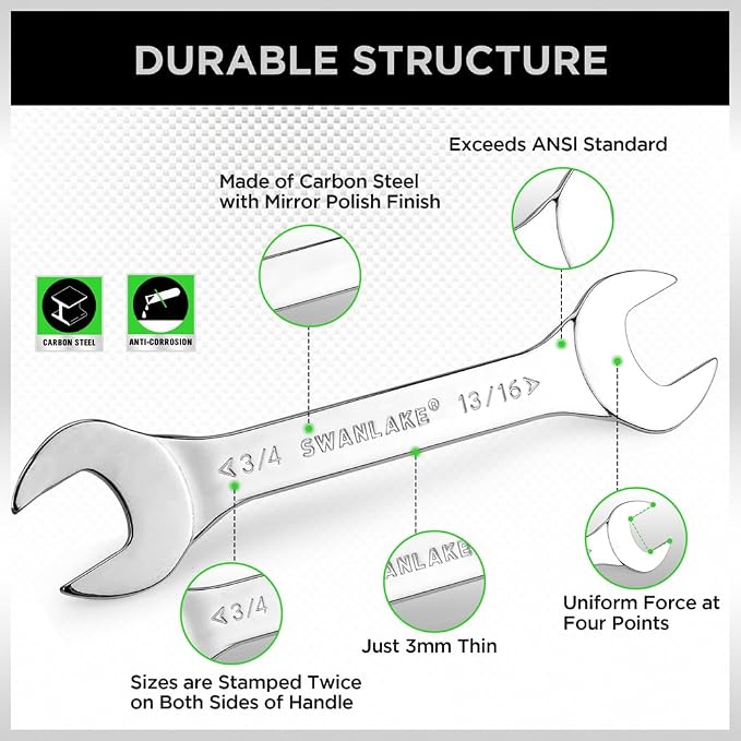 SWANLAKE 9-piece Super-Thin Open End Wrench Set, SAE 1/4", 9/32", 5/16", 3/8", 11/32", 13/32", 7/16", 1/2", 9/16", 11/16", 5/8", 19/32", 3/4", 13/16", 7/8", 15/16", 1", 1-1/16" with Rolling Pouch