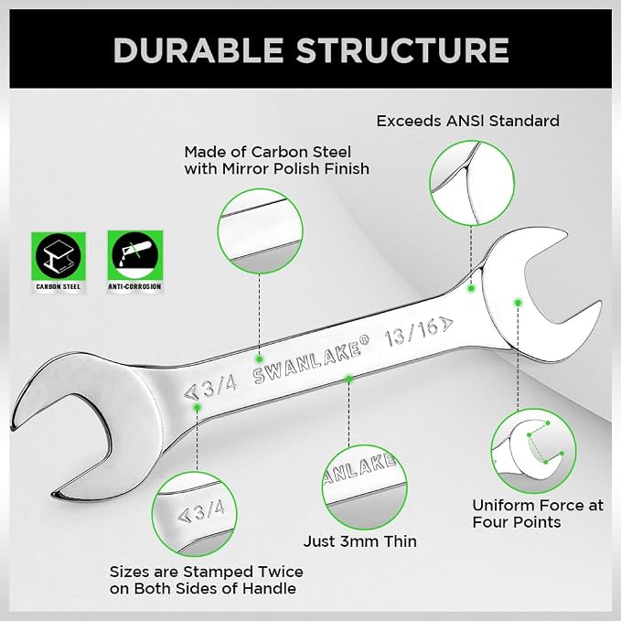 SWANLAKE GARDEN TOOLS 19-Piece Super-Thin Open End Wrench Set with Rolling Pouch, Metric 5.5–27 mm & SAE 1/4"-1-1/16", 3 mm Thickness Slim Spanner Wrench Set, Carbon Steel