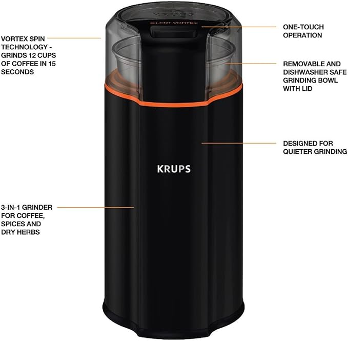 KRUPS Silent Vortex Electric Coffee Grinder: 3 oz Capacity, 5x Quieter, 175W Motor for Coffee Beans, Spices & Herbs - Removable Dishwasher-Safe Bowl, 12-Cup Yield, Black (Pack of 2)