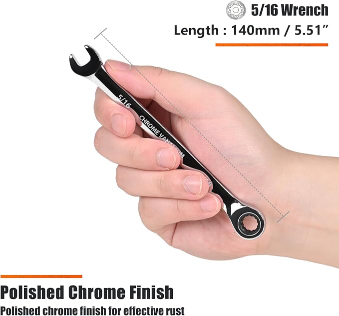 Egofine 5/16 inch Ratcheting Combination Wrench SAE, Industrial Grade Gear Spanner with 12-Point Design, 72-Tooth Ratchet, Chrome Vanadium Steel