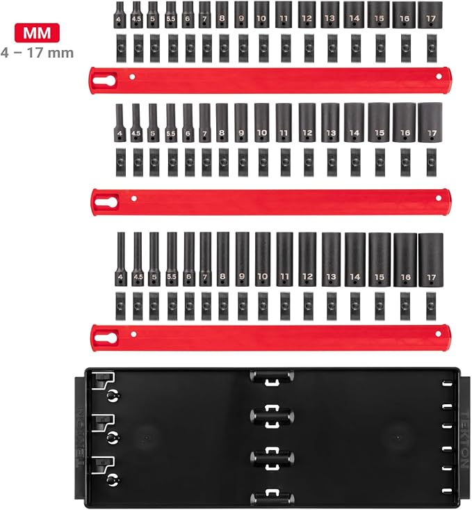 TEKTON 1/4 Inch Drive Impact Socket Set, 48-Piece | SID90112 | (4 - 17 mm), Shallow, Semi-Deep, and Deep, 6-Point, Socket Rail