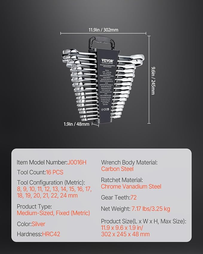 VEVOR Combination Wrench Set, 16-Piece Ratcheting Wrench Set with Organizer Rack, Cr-V Steel, Metric 8 mm to 24 mm, Ideal for General Household, Garage, Workshop, Auto Repairs, Emergency