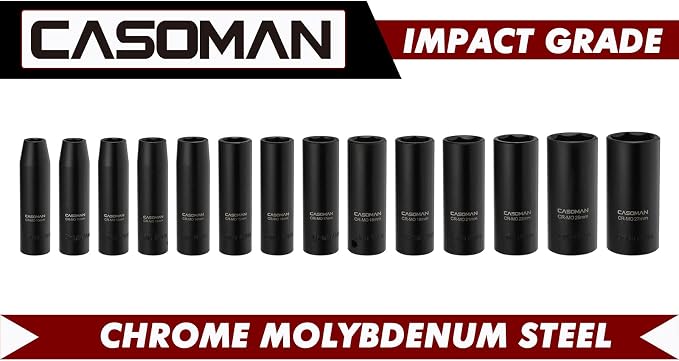 CASOMAN 1/2-Inch Drive Deep Impact Socket Set, 14 Pieces Set, 10mm-27mm, CR-MO, Metric, Heavy Duty Storage Case