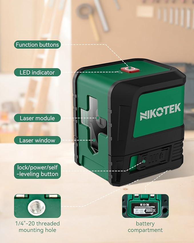 Nikotek Laser Level, Self-leveling Green Line Laser With Horizontal and Vertical Lines for Construction and Picture Hanging, Battery Included