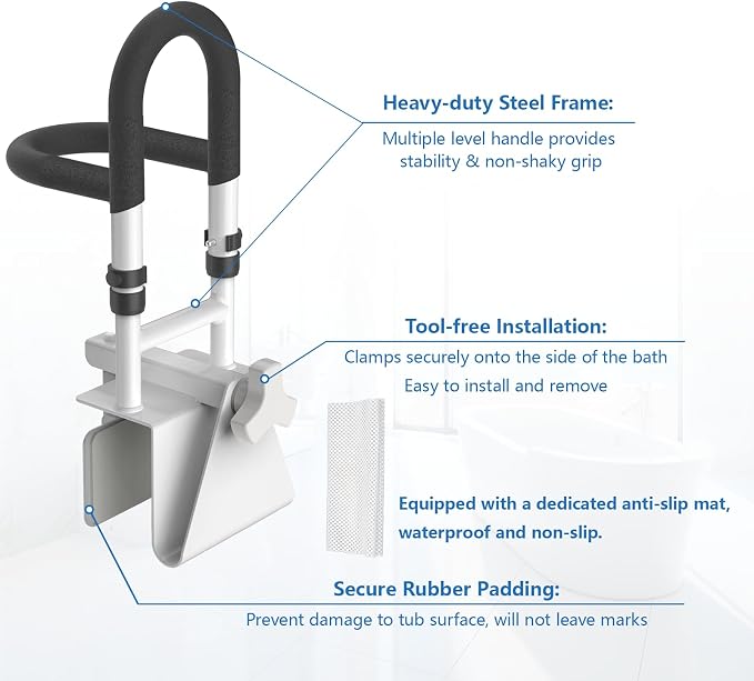 Butizone Adjustable Shower Grab Bars with 2 Handrails - Clamp-On Anti-Slip Bathtub Safety Rail for Elderly, Fits 3" to 7" Tub Walls, Supports Up to 300lbs