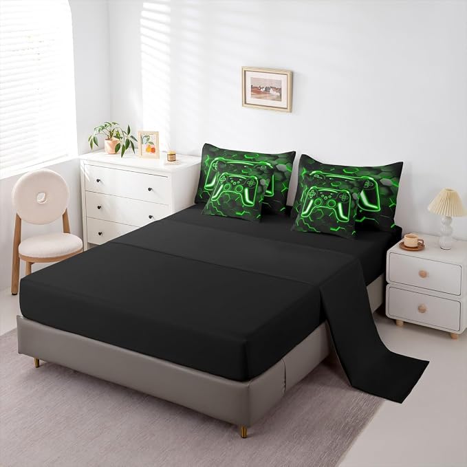 Erosebridal Gamer Comforter Set 7-Piece Bed in a Bag Twin, Neon Honeycomb Gaming Bedding Sets Game Boy Games Comforter and Sheet Set, Green Hexagon Lights Room Decor,Boys Bedroom Decor
