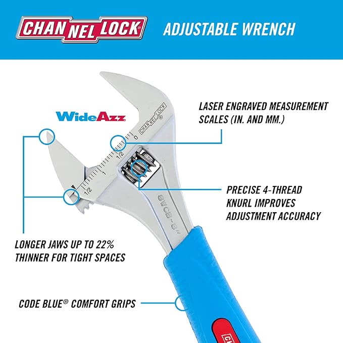 Channellock Adjustable Wrench 8WCB - Wide Jaw, 1-1/2 In. Capacity - 8-Inch
