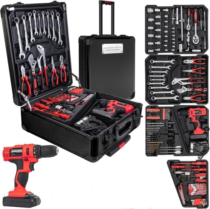 346pcs Tool Sets,18V Electric Power Drill Set, Cordless Drill for Men, Household Home DIY Hand Tool Kits,18+1 Clutch Cordless Power Drill Set for Thanksgiving, Christmas,Father's Day (Black)