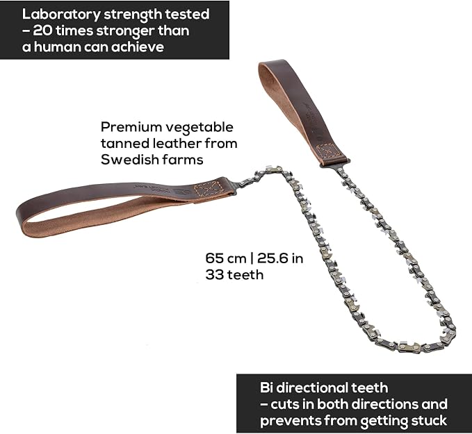 Nordic Pocket Saw for Camping - 25.6 Inch Pocket Chainsaw with 33 Bi-Directional Teeth - Made in Sweden with Organic Leather Handles and Case- Survival Saw and Emergency Saw for Clearing Trails