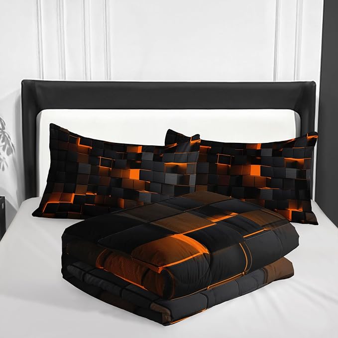 Nttopship Geometric Yellow Black Comforter Set,Light Honeycomb 3 Piece Bedding Set Twin Size for Teen Boys,Modern Quilt Set Geometry Decor,Microfiber Lightweight 1 Comforter 2 Pillowcases All Season