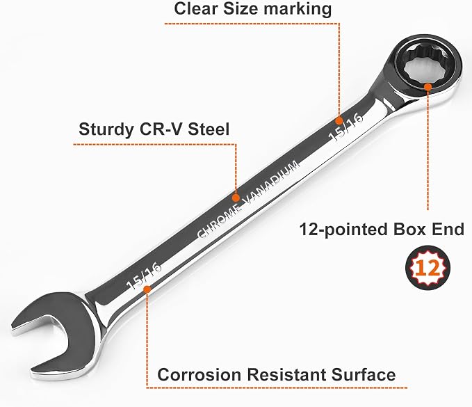 Egofine 15/16 inch Ratcheting Combination Wrench SAE, Industrial Grade Gear Spanner with 12-Point Design, 72-Tooth Ratchet, Chrome Vanadium Steel
