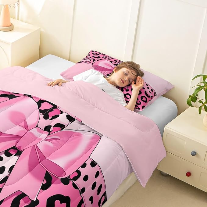 Feelyou Pink Leopard Print Comforter Set All Season Cheetah Bow Bedding Set with 1 Pillow Cases Animal Fur Microfiber Kids Twin Bedclothes Bedroom Decor Duvet Quilt Breathable Soft Lightweight