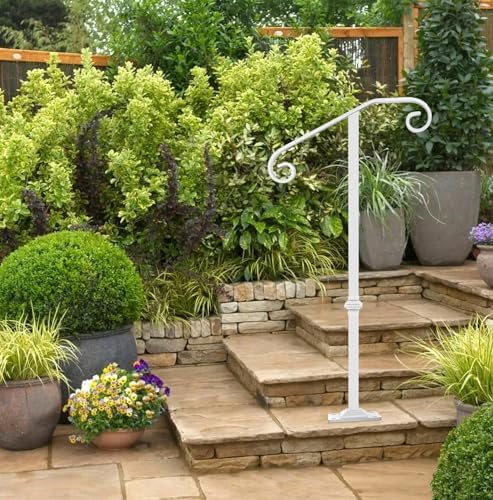 Handrail Railing, Single Post Handrail Fits 1 or 2 Steps, Sturdy Outdoor Stair Railing for Concrete&Wooden Steps with Base, Wrought Iron Stair Handrails, Grab Rail for Steps Porch, White | 38.8" Handrail Railing for Concrete&Wooden Steps with Base, Gra...