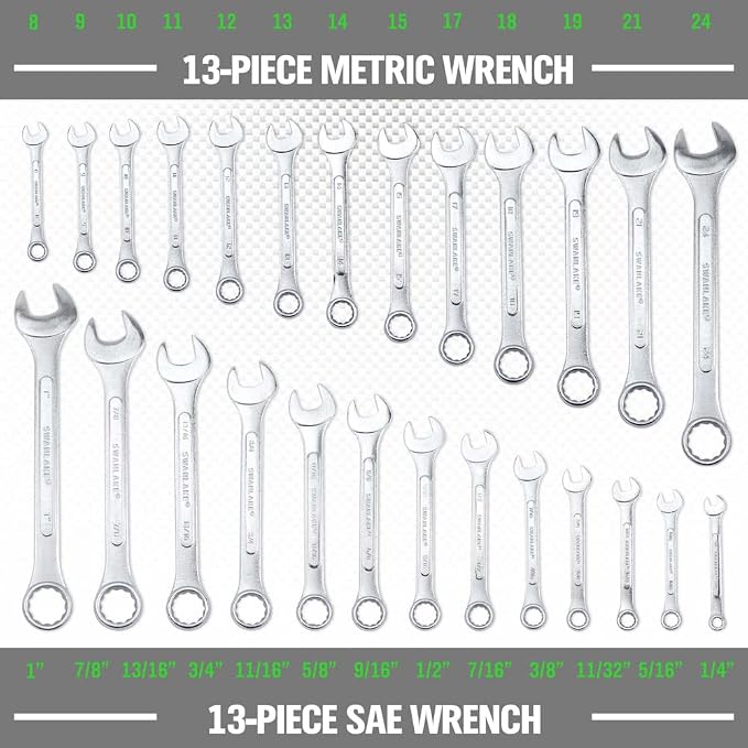 SWANLAKE GARDEN TOOLS 26-Piece Combination Wrench Set with Roll-up Pouch, SAE 1/4” - 1”, Metric 8mm - 24mm, Perfect for General Household, Garage, Auto Repairs and Travel Emergency