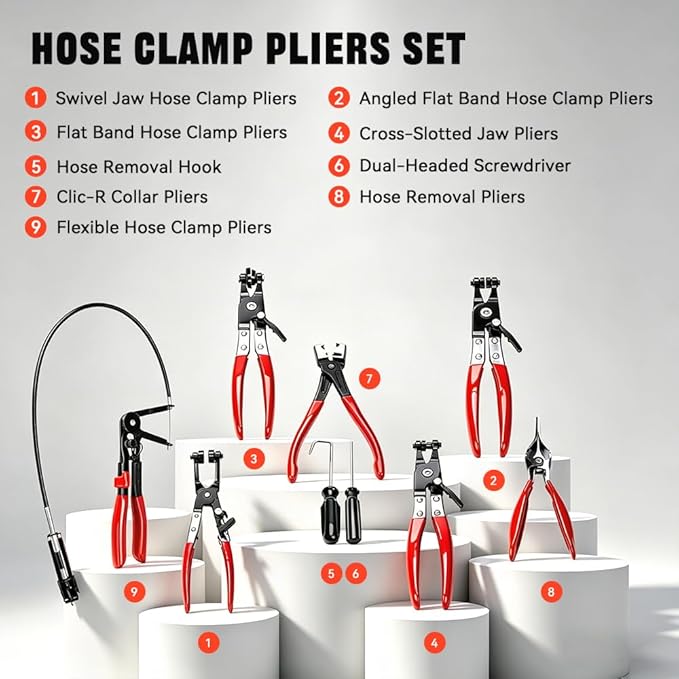 BARTOO 9pcs Hose Clamp Pliers Set, Hose Clamp Removal Tool for Automotive, Flexible Wire Long Reach Swivel Jaw Pliers for Fuel Oil Coolant Radiator Heater and Water Hose