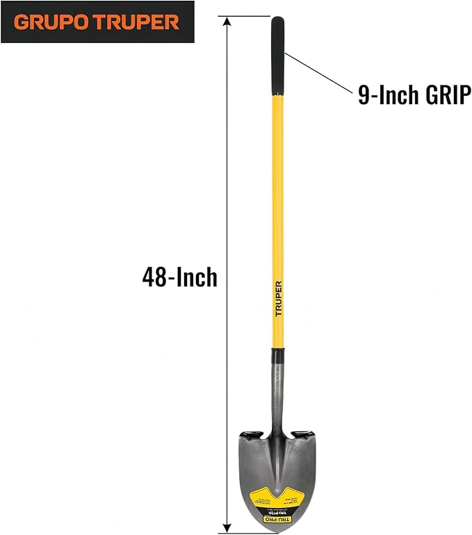 Truper Tru Pro Round-Point Shovel, 48-Inch Fiberglass Handle with 9-Inch Grip, Heavy-Duty Professional Digging & Gardening Shovel (Model PRL-F / 31198)