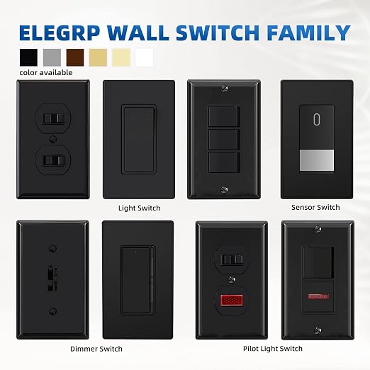 ELEGRP Matte Black 3 Way Decorative Light Switch with Plate, 15Amp, 120-277 Volt, AC Rocker Paddle Wall Switch Replacement, Self-Grounding, Residential Grade, w/Wall Plate, UL Listed (10 Pack)
