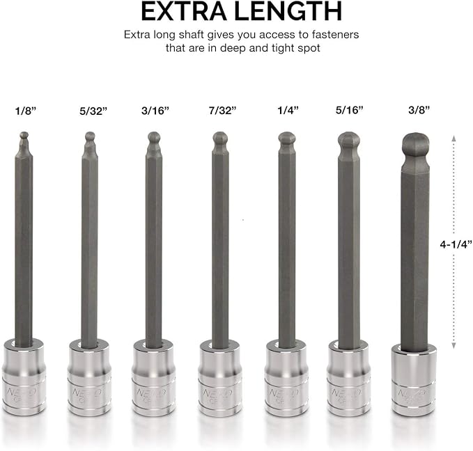 Neiko 10244A 3/8-Inch-Drive Extra-Long Ball-End Hex-Bit Socket Set, SAE Sockets 1/8" to 3/8", S2 Steel, 7-Piece Set