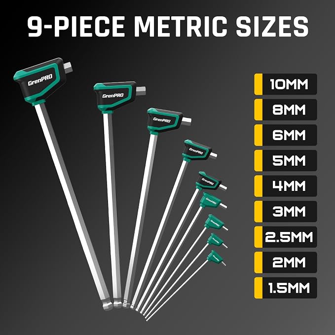 GRENPRO 18PC T-Handle Ball End Allen Wrenches Sets Metric &SAE Box Hex Key | Long Allen Key Set With Storage Rack For Garage & Household DIY & Bike Repair Multifunctional Tools,Cr-V Steel