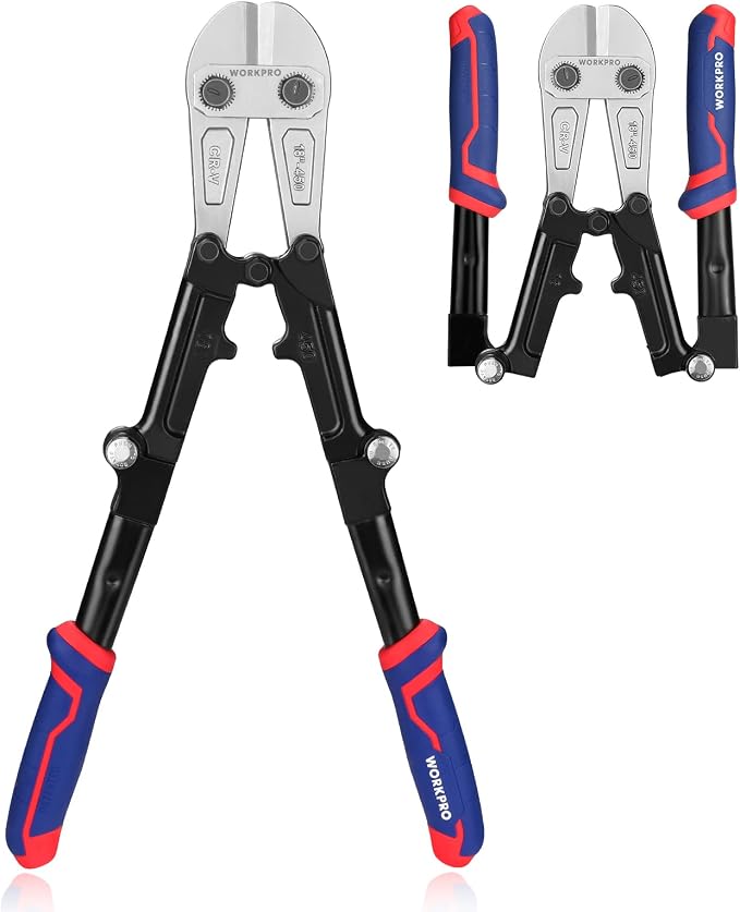 WORKPRO 18-Inch Foldable Bolt Cutter, Tri-Material Handle with Comfort Grip, Chrome Vanadium Steel Blade, for Rods, Bolts, Rivets, Wires, Cables and Chains