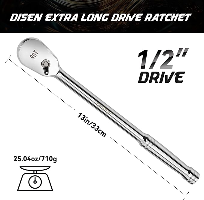 DISEN Extra Long Handle 1/2" Drive Ratchet Socket Wrench,90-Tooth Ratchet Wrench with 14" Handle and Dust Proof Teardrop Enclosed Head, Reversible, CR-V Steel Made, CR-MO Head, Gifts for Men