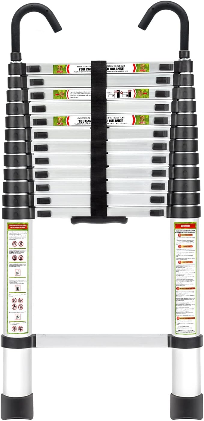 RIKADE Telescopic Ladder, 16.5 ft Aluminum Telescoping Ladder with Stable Hook and Non-Slip Feet, Portable Extension Ladder for Household and Outdoor Working, Max Load 330 lb, Aluminum