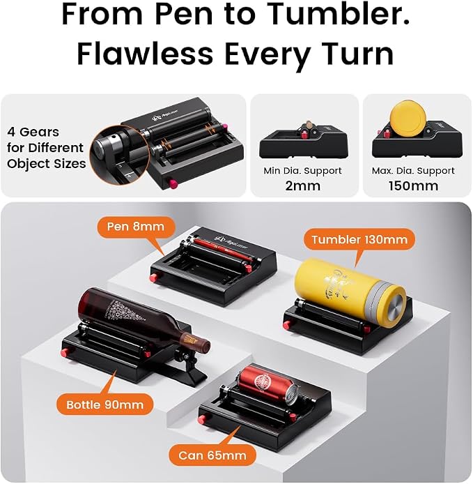 AlgoLaser Rotary Roller Attachment for Laser Engraver, 360° Dual-Support Rotary Roller for Cylindrical Objects, Tumblers, Bottles, 2-150mm Adjustable, Compatible with Pixi & Most Laser Engravers