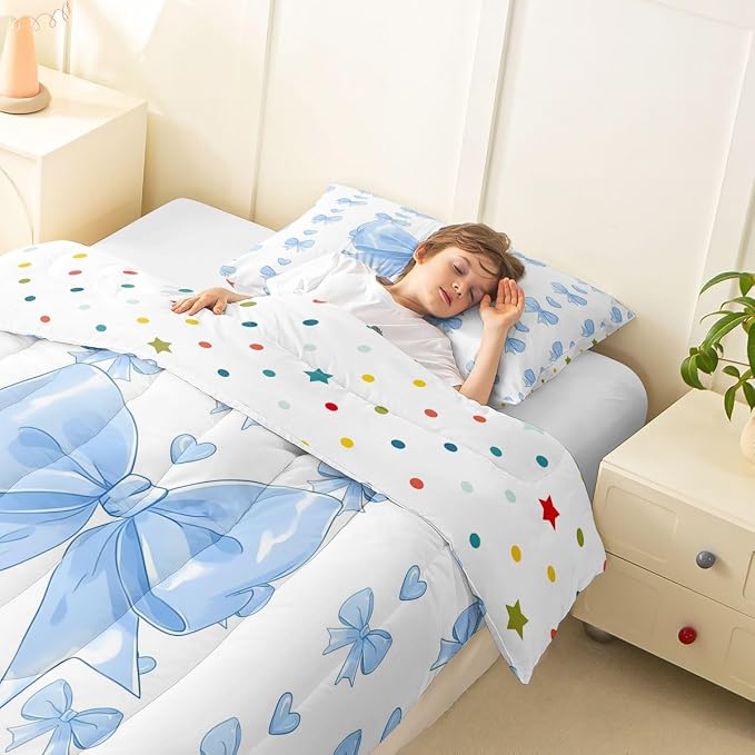 Feelyou Cute Blue Bowknot Kids Comforter Set Toddler Size Love Hearts Bow Bedding Set Girly Bow Duvet Quilt for Kids Boys Girls Bedroom Decor Microfiber Ultra Soft Breathable